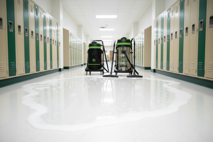 Irregular Floor Stripper Pattern in Bright School Hallway